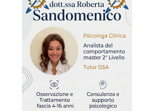 Parte di locandina con nome, foto, specializzazione e e aree di intervento di Roberta Sandomenico, psicologa clinica presso Associazione Civediamolà
